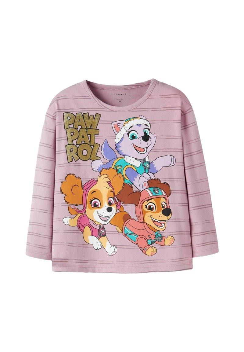 Jasnoróżowa koszula z długim rękawem w poziome paski, z trzema kolorowymi pieskami z "Psi Patrol" oraz błyszczącym napisem.