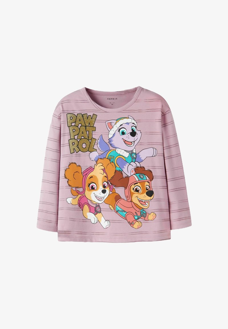 Jasnoróżowa koszula z długim rękawem w poziome paski, z trzema kolorowymi pieskami z "Psi Patrol" oraz błyszczącym napisem.