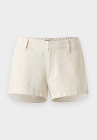 Pantaloni corti beige chiaro in lino. Presentano una vita piatta, tasche frontali e un orlo pulito. Design semplice e minimal.