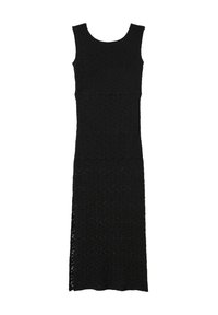 Robe noire sans manches en tissu texturé, avec un corsage ajusté et une silhouette droite, arrivant mi-mollet avec des fentes latérales.