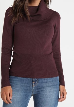 Femme portant un pull à col roulé moulant violet foncé et un jean bleu, debout devant un fond blanc uni.