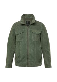 Grüne Wildlederjacke mit hohem Kragen, Frontreißverschluss und vier großen Taschen. Sie hat eine glatte Textur und minimale Nähdetails.