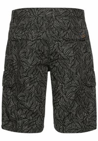 Zwarte cargoshorts met een bladvormig patroon, gemaakt van stof, met twee zijzakken en een relaxte pasvorm, met een ademende en gestructureerde oppervlakte.