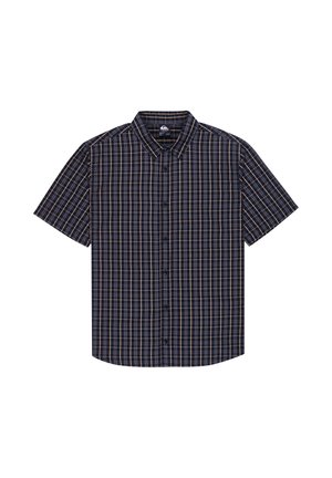 Kurzärmeliges, knöpfbares Hemd mit einem Marineblau- und Gold-Karo-Muster, aus leichtem Stoff gefertigt, mit klassischem Kragen und fünf Knöpfen.