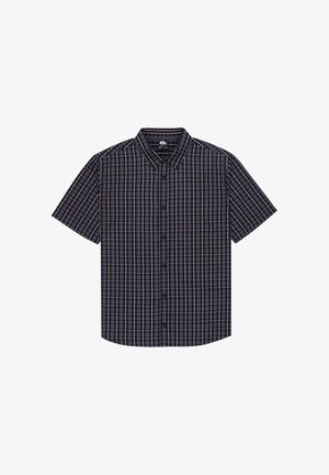 Kurzärmeliges, knöpfbares Hemd mit einem Marineblau- und Gold-Karo-Muster, aus leichtem Stoff gefertigt, mit klassischem Kragen und fünf Knöpfen.