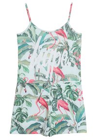 Grön och rosa tropisk mönstrad jumpsuit med spaghettistång, som har flamingos och stora blad, samt dragsko i midjan.