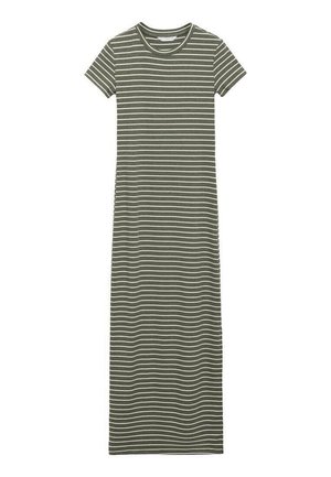 Olive green striped maxi dress with short sleeves, round neck, and wavy white stripes. Made from ribbed fabric, offering a fitted style.