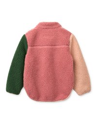 Ζακέτα από φλις με ροζ σώμα, πράσινα και ανοιχτό ροδακινί μανίκια, διατεταγμένη με υφή στην εξωτερική επιφάνεια και γιακά.