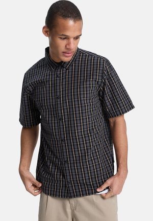 Kurzärmeliges, knöpfbares Hemd mit einem Schwarz-Braun-Karomuster, ausgestattet mit einem regulären Kragen und einem leichten Stoff.