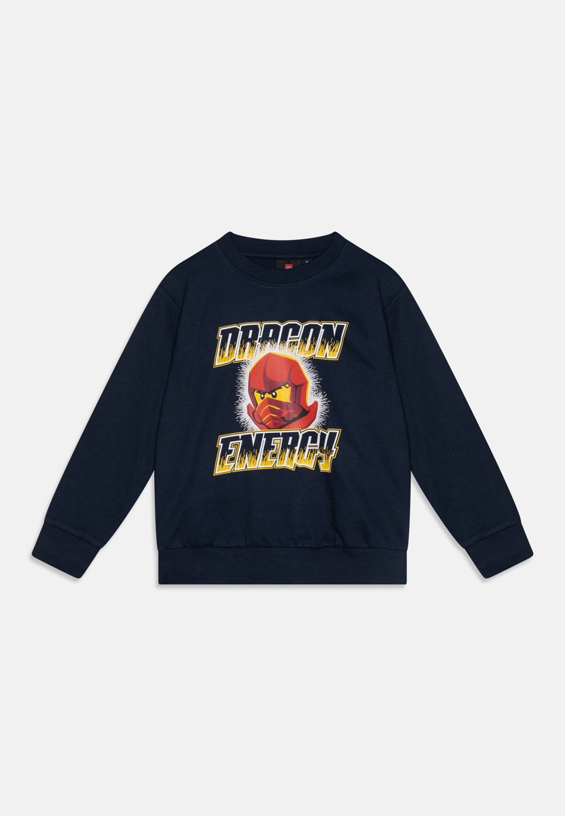 Navy blue sweatshirt with long sleeves, round neck, and ribbed cuffs. Features a graphic print of a red dragon masked character with "DRAGON ENERGY" text.