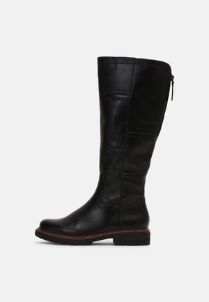 Botte en cuir noire montante jusqu'au genou, avec bout rond, fermeture éclair latérale, petit talon bloc et coutures décoratives le long de la tige et de la semelle.