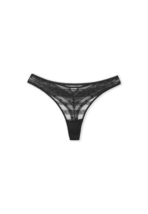 Black lace thong featuring a sheer design with intricate floral patterns, thin straps, and a seamless back for minimal visibility.