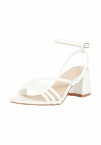 Sandalo bianco con tacco a blocco e molteplici fasce sottili. Presenta una cinghia alla caviglia e una texture liscia simile alla pelle. Design con punta aperta.