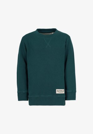 Teal sweatshirt lavet af blødt bomuld. Har en rund halsudskæring, lange ærmer, ribbede manchetter og kant, samt et lille brandmærke nederst.