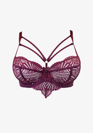 Burgundy lace bra with floral pattern, underwire support, sheer cups, and multi-strapped design at the back. Material appears soft and textured.