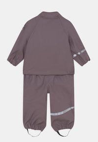 Purple waterproof jacket and pants set, featuring elastic cuffs, reflective stripes, and a snap collar for adjustable fit. Lightweight material.