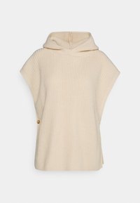 Poncho lavorato a maglia color crema con cappuccio, maniche corte e dettaglio con bottone laterale. Presenta un tessuto testurizzato per calore e comfort.