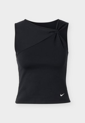Zwarte mouwloos sporttop met asymmetrische gedraaide halslijn en een kleine witte Nike-swoosh aan de onderzijde aan de linkerkant.
