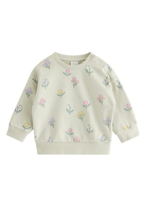 Lysebeige baby-sweatshirt med lange ærmer, dekoreret med farverige små blomsterprint og trykknapper på venstre skulder.