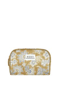 Gold floral pouch with a quilted texture, featuring blue and white flower patterns, a zip closure, and a "ROXY" logo on the front.