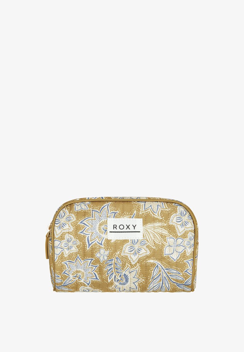 Pochette floreale dorata con una texture trapuntata, caratterizzata da motivi di fiori blu e bianchi, chiusura con zip e logo "ROXY" sul davanti.