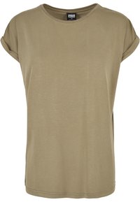 Olivengrønt t-shirt med rullede korte ærmer, rund hals, let løst fit og sideslids i kanten. Lavet af blødt, letvægts stof.