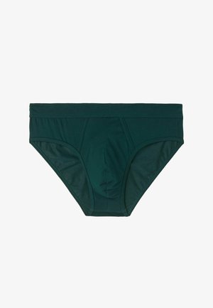 Dunkelgrüne Baumwollslips mit glatter Textur, elastischem Bund und konturiertem Pouch. Einfaches Design, ohne Muster oder zusätzliche Akzente.