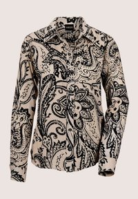 Schwarz-beige langärmliges Hemd mit Knopfleiste im Paisleymuster, kragenförmigem Design und strukturiertem Stoff. Verfügt über vordere Knöpfe und Manschetten.