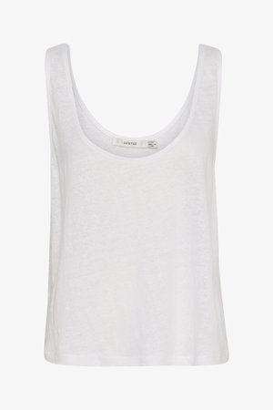 Balts kokvilnas bezpieks ar plašu apaļu kakla izgriezumu un brīvu piegriezumu. Iezīmē vienkāršu dizainu bez rakstiem vai rotājumiem.