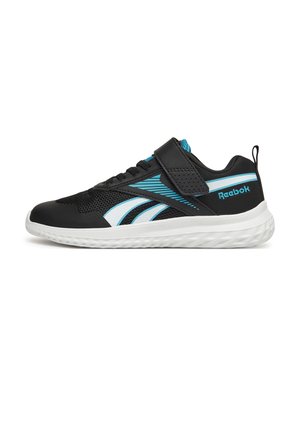 Sort og blå Reebok sneaker med hvid sål, mesh-overdel, velcrolukning og trækstrop ved hælen vist fra siden.