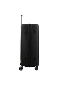 Zwarte harde koffer met een telescopische handgreep, vier draaibare wielen en ritsen. Heeft een gladde textuur en een minimalistisch ontwerp.