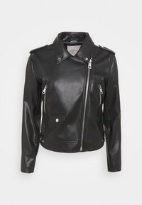 Giubbotto da motociclista in pelle nera con colletto a denti, cerniere argento e numerose tasche. Presenta una forma aderente e una texture liscia.