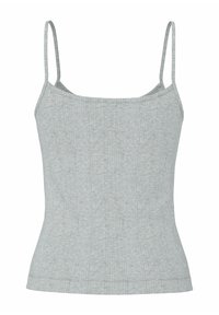 Camisole en maille côtelée gris clair avec fines bretelles spaghetti et encolure droite, silhouette ajustée.