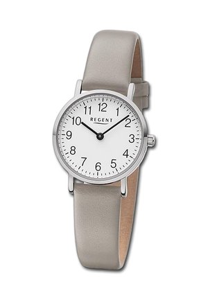 Montre analogique en argent avec un cadran blanc, des index horaires noirs et un bracelet en cuir gris clair. Design simple avec une finition lisse.