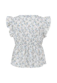 Blouse blanche à manches courtes avec manches volantées et motif floral bleu, gris et beige, taille froncée et ourlet fluide.
