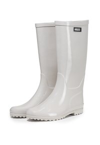 Bottes de pluie en caoutchouc blanches avec une finition brillante, hauteur mi-mollet, semelle extérieure texturée et logo accentué sur le côté.