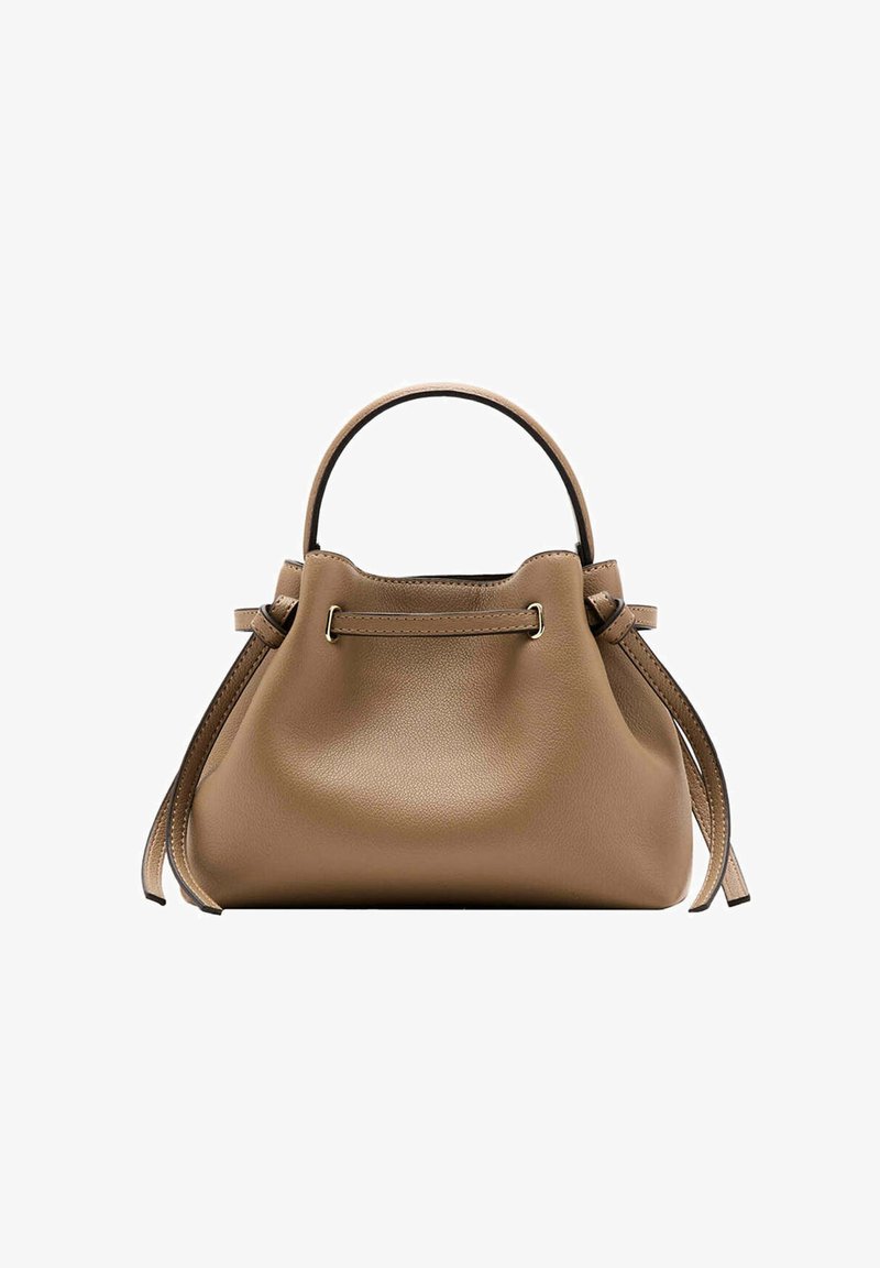 Sac à main en cuir marron avec une poignée unique en haut, des côtés à cordon et une surface lisse légèrement texturée sur fond blanc.