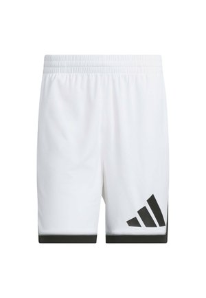 Shorts de sport blancs avec une taille élastique, présentant un accent noir à l'ourlet et trois bandes noires diagonales sur le côté.