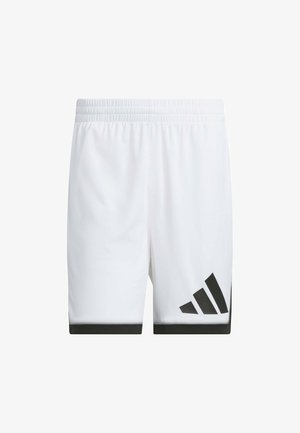 Shorts de sport blancs avec une taille élastique, présentant un accent noir à l'ourlet et trois bandes noires diagonales sur le côté.