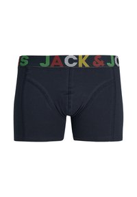 Calzoncillos cortos de color azul oscuro con una cinturilla de logo que presenta letras multicolores. Hechos de una tela suave con una textura lisa y un diseño ajustado.