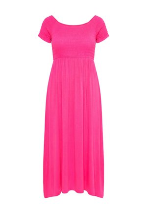 Vestido rosa brillante de manga corta, largo hasta el tobillo, con un cuerpo ajustado fruncido y falda fluida.