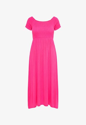 Leuchtend pinkes, kurzärmeliges Kleid in Knöchellänge mit einem taillierten, gerafften Oberteil und einem fließenden Rock.