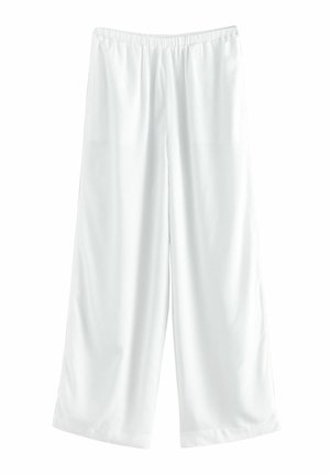 Baltos plačios kelnės su elastinga juosta, pagamintos iš lygaus audinio, su laisvu siluetu ir be matomų raštų ar akcentų.