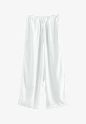 Baltos plačios kelnės su elastinga juosta, pagamintos iš lygaus audinio, su laisvu siluetu ir be matomų raštų ar akcentų.