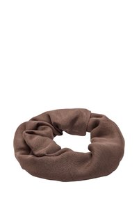 Brązowa gumka do włosów z tkaniny, o okrągłym kształcie i miękkim, teksturowanym wyglądzie. Delikatny połysk i marszczony detal materiału. Odpowiednia jako akcesorium do włosów.