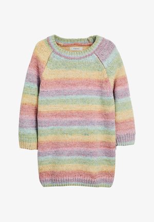 Blød strikket kjole med lange ærmer med vandrette pastelfarvede striber i pink, gul, grøn og blå, med rund halsudskæring.