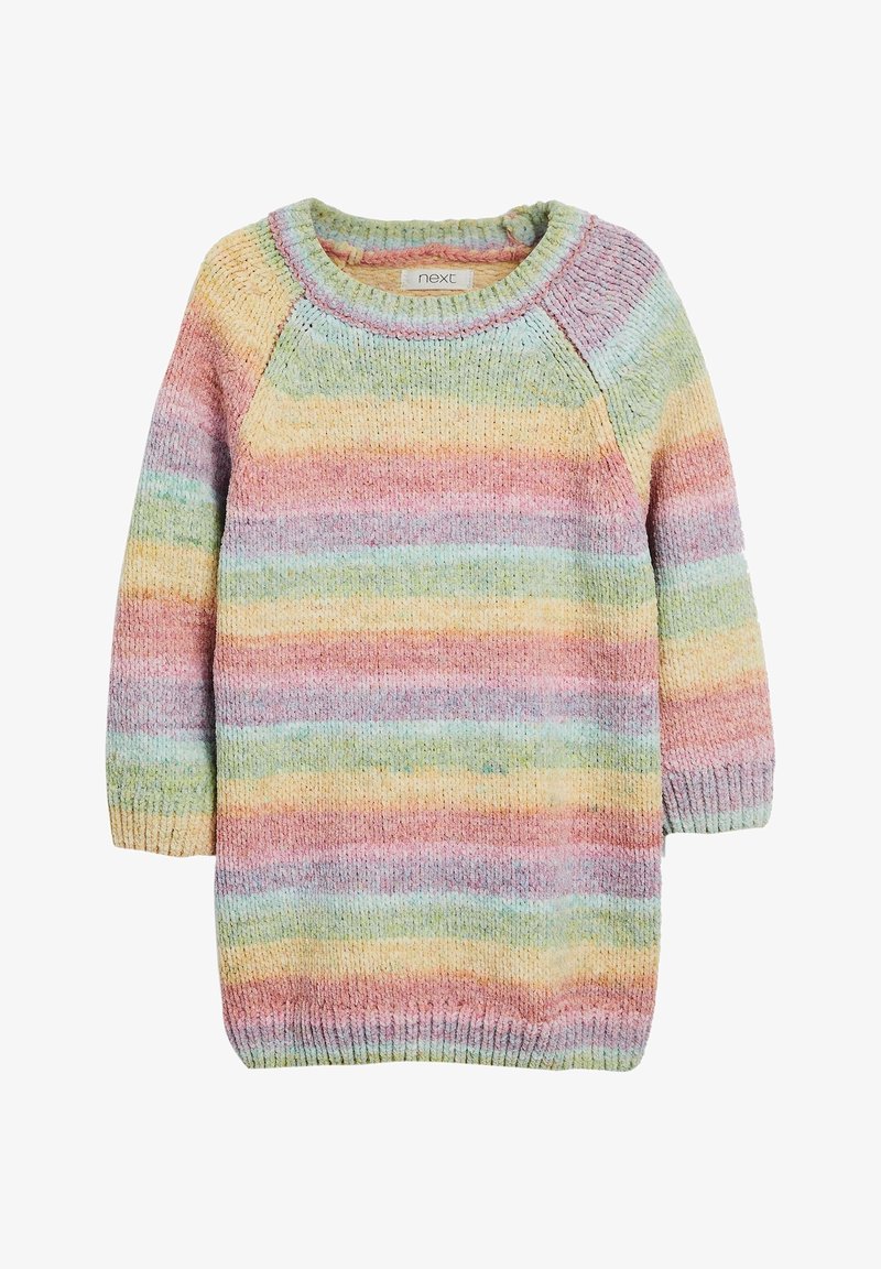 Robe-pull douce en maille à manches longues avec des rayures horizontales pastel en rose, jaune, vert et bleu, dotée d'un col rond.