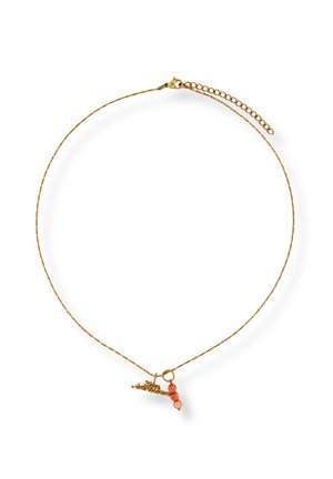 Delicate gold chain necklace with an adjustable clasp, featuring a small gold "meow" charm and three red-orange beads.