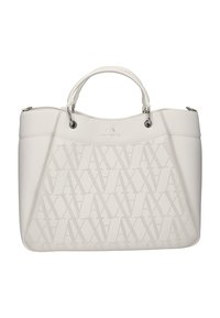 Borsa tote in pelle bianca con motivo a logo perforato, forma strutturata, doppi manici superiori e dettagli in metallo argentato.