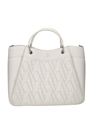 Borsa tote in pelle bianca con motivo a logo perforato, forma strutturata, doppi manici superiori e dettagli in metallo argentato.